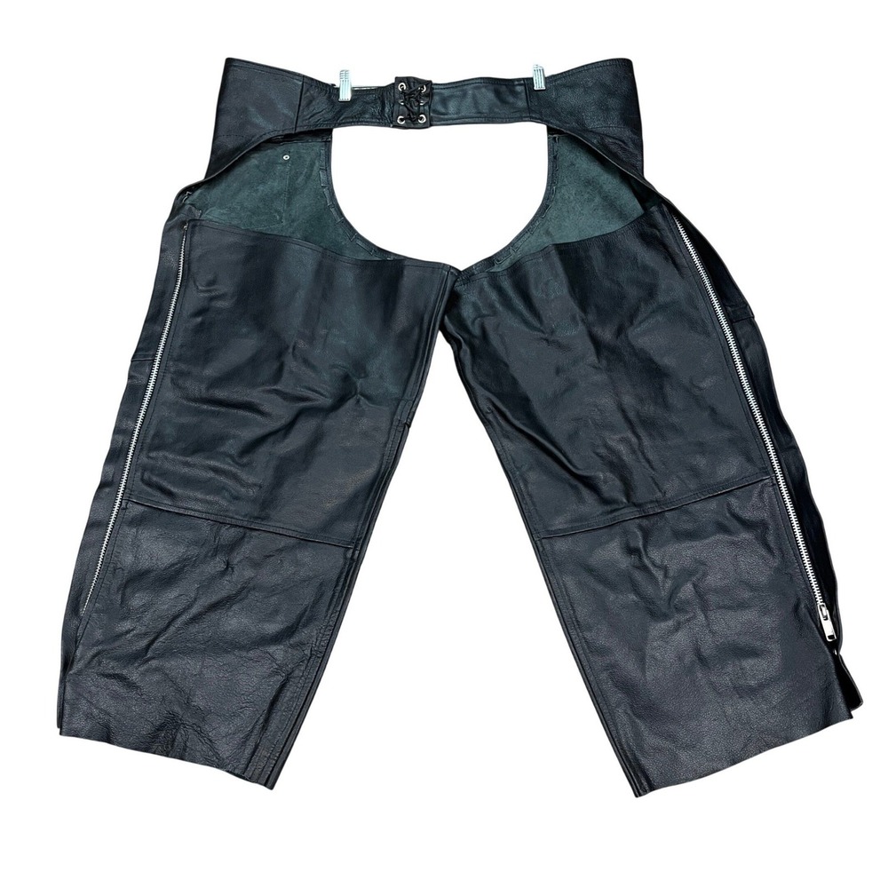 ATL Leather Motorcycle Chaps Mens Large Black Biker Riding Gear Lace Back Belted